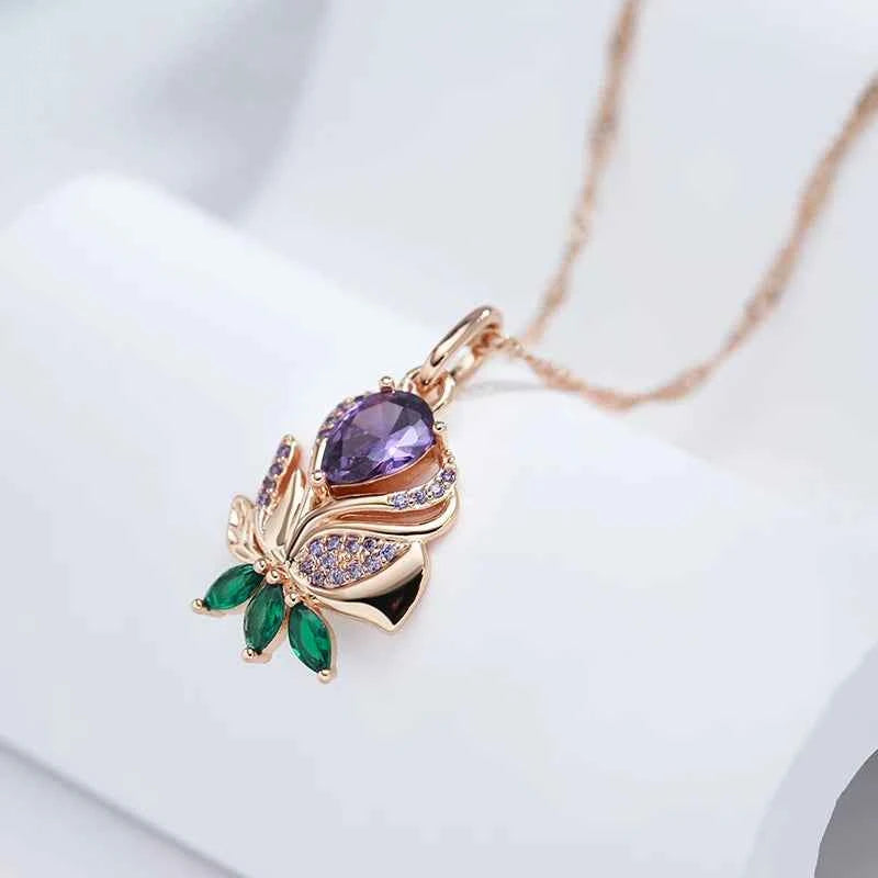 Rose Gold Purple & Green Floral Zircon Pendant Necklace