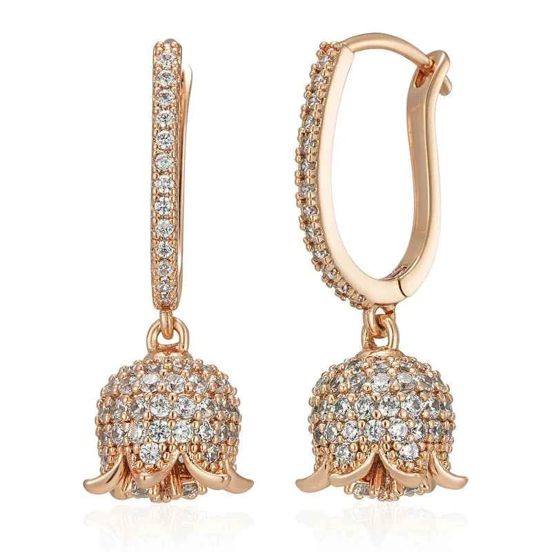 Rose Gold Pavé Flower Drop Hoop Earrings