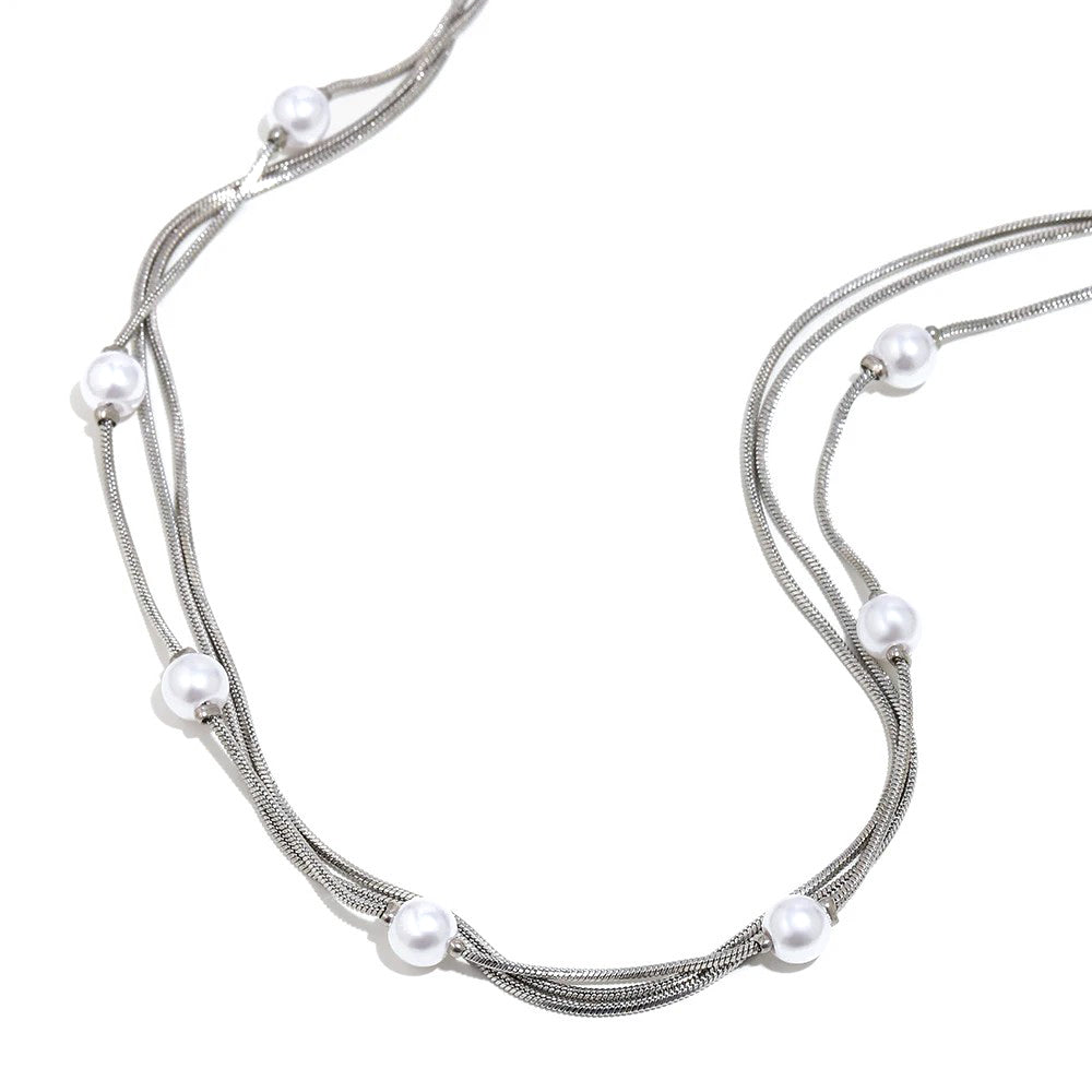 Layered Pearl Snake Chain Necklace - SEIYI