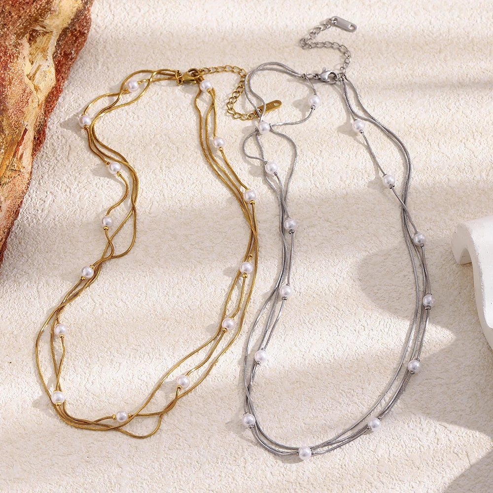 Layered Pearl Snake Chain Necklace - SEIYI
