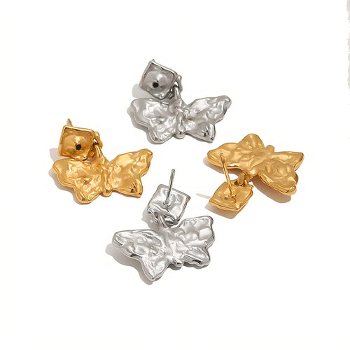 Hammered Butterfly Drop Stud Earrings - SEIYI