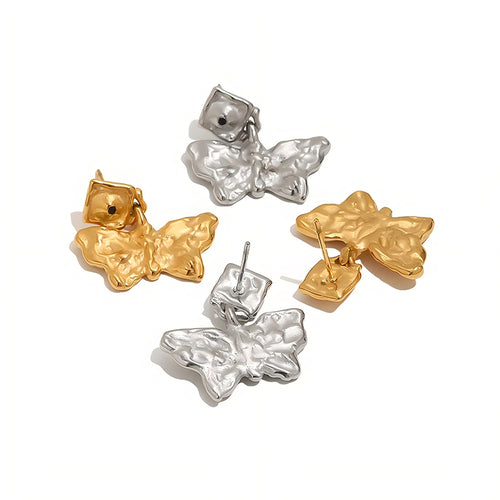 Hammered Butterfly Drop Stud Earrings - SEIYI