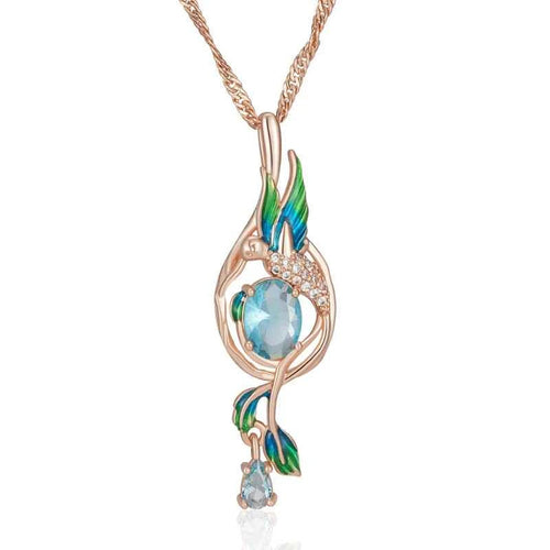 Peacock Enamel & Blue Zircon Pendant Necklace
