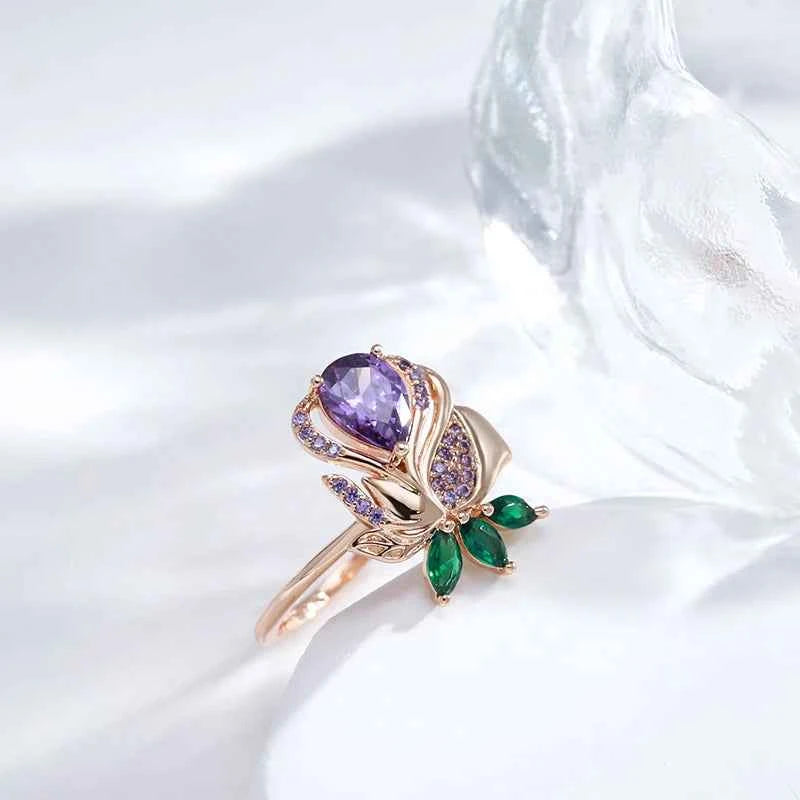 Purple Zircon Rose & Leaf Statement Ring