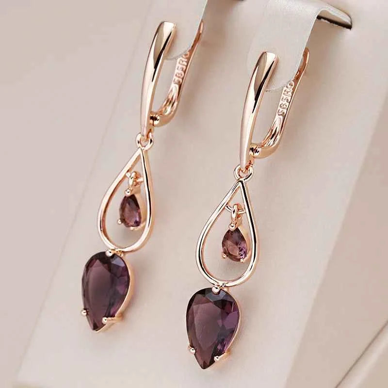 Rose Gold Purple Zircon Teardrop Long Drop Earrings