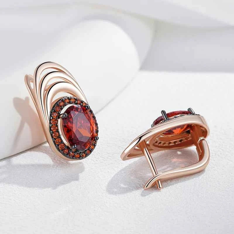 Rose Gold & Black Red Zircon Halo Drop Earrings