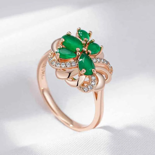 Rose Gold Green Zircon Floral Cocktail Ring