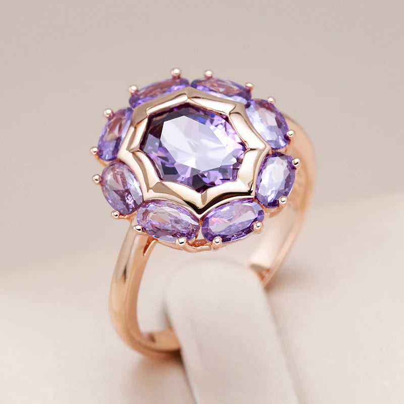 Purple Zircon Sunburst Rose Gold Statement Ring - SEIYI