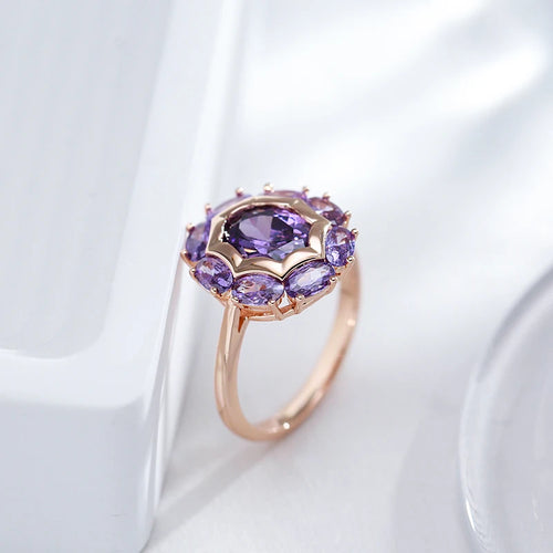 Purple Zircon Sunburst Rose Gold Statement Ring - SEIYI