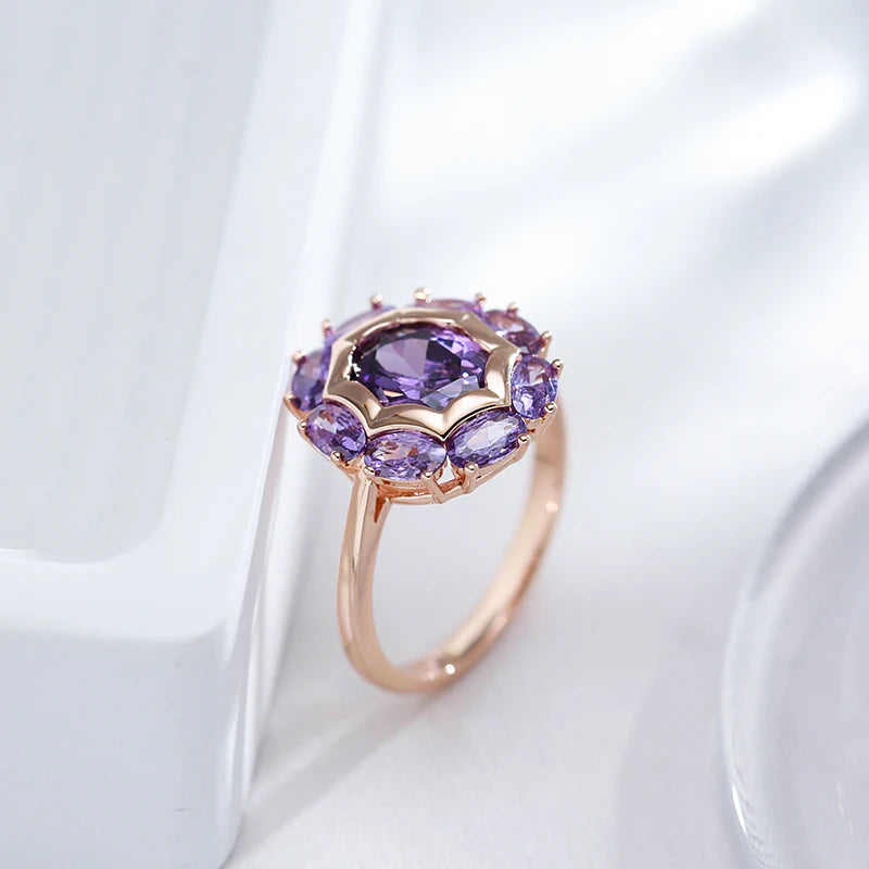 Purple Zircon Sunburst Rose Gold Statement Ring - SEIYI