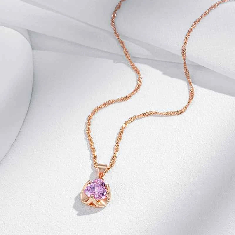 Rose Gold Pink Heart Zircon Pendant Necklace