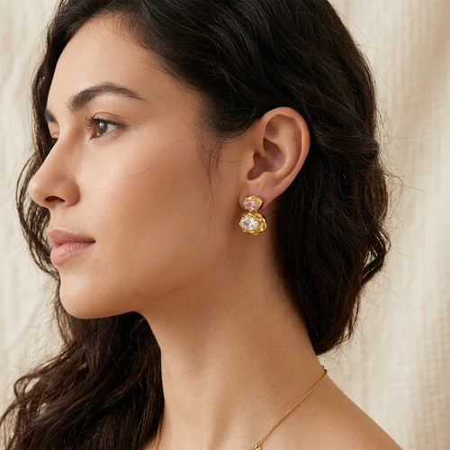 Dual Oval CZ Hammered Gold Stud Earrings - SEIYI