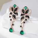 Rose Gold Green & Black Zircon Floral Drop Earrings