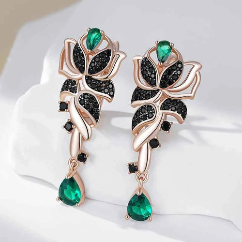 Rose Gold Green & Black Zircon Floral Drop Earrings