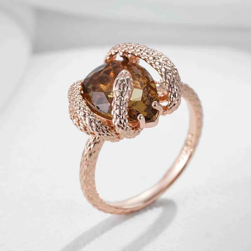 Snake-Encircled Brown Zircon Statement Ring