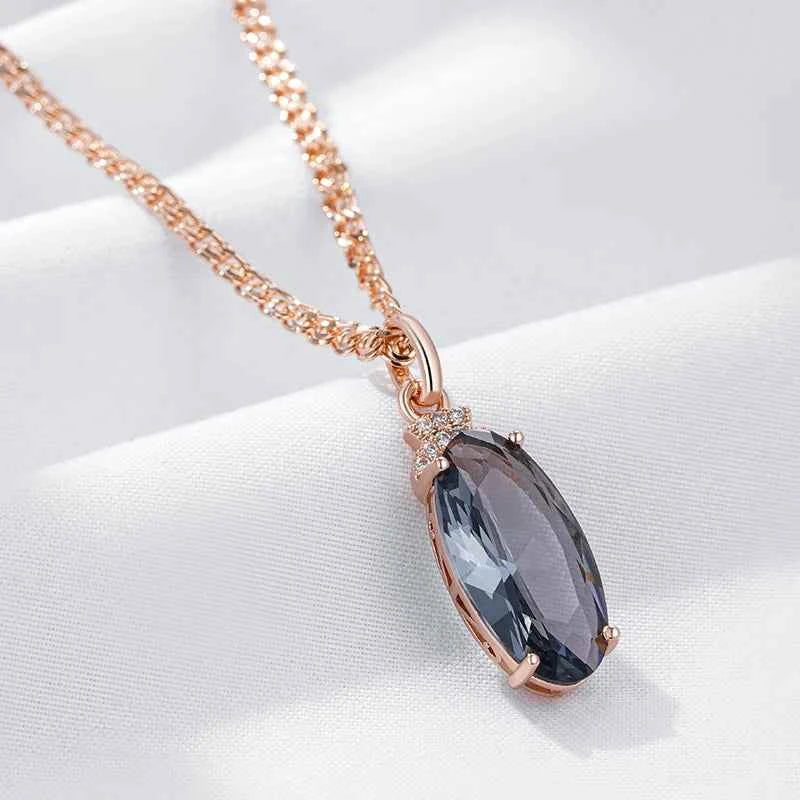 Rose Gold Smoky Gray Oval Zircon Pendant Necklace