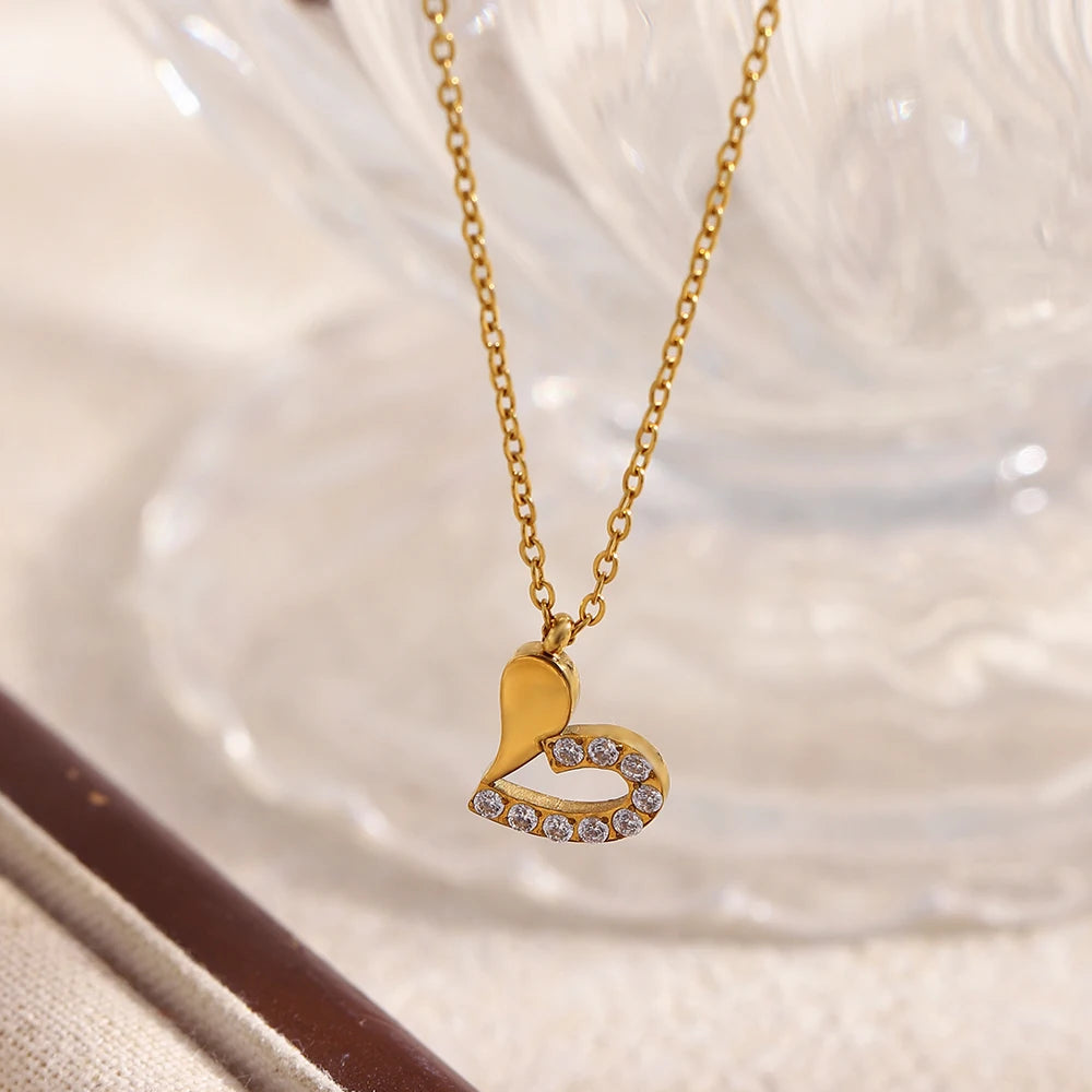 Half Pave Hollow Heart Pendant Necklace - SEIYI