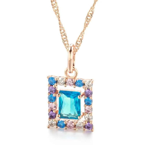 Rose Gold Multi-Color Square Zircon Pendant Necklace