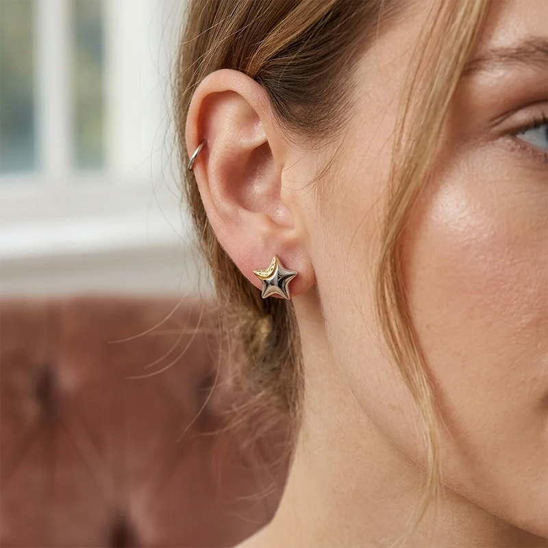 Asymmetrical Star Moon Stud Earrings
