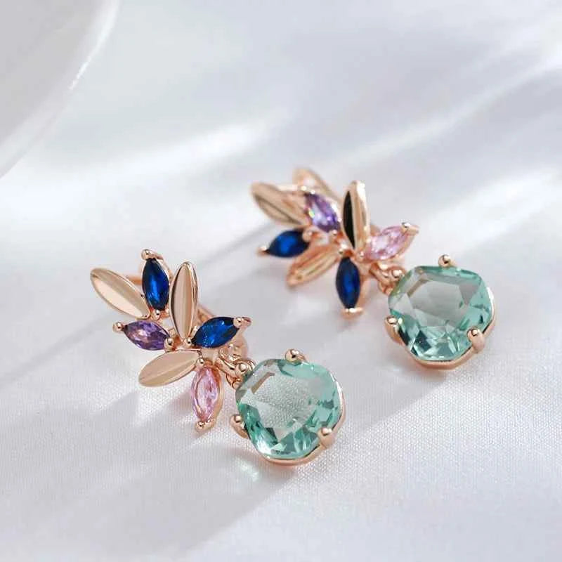 Rose Gold Multicolor Floral Green Stone Drop Earrings
