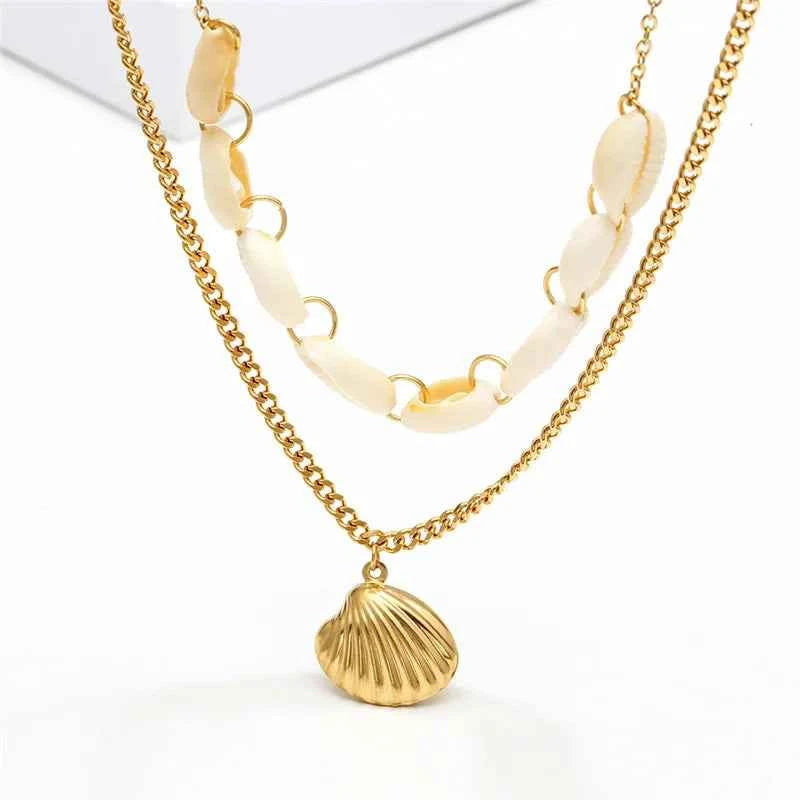 Summer Beach Double-layer Shell Necklace Earrings Set