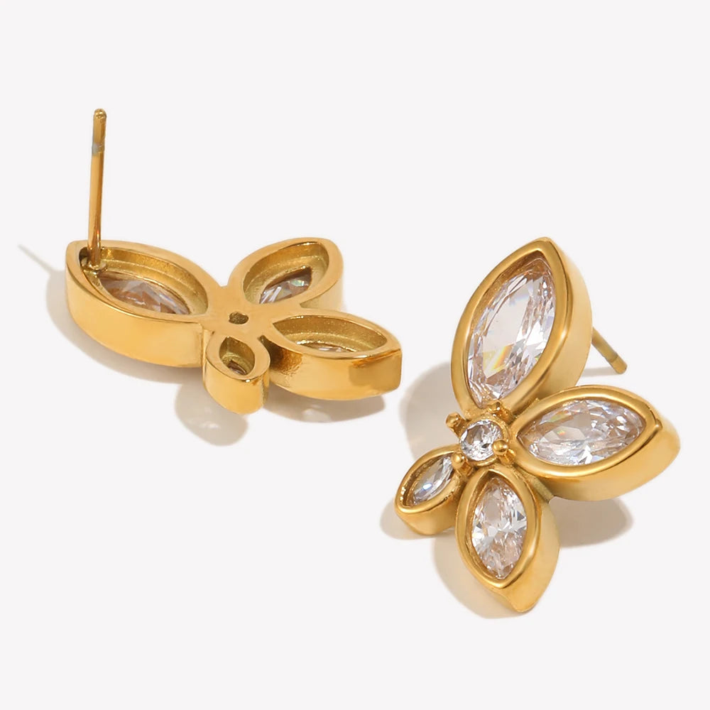 Crystal flower stud earrings front and back view in gold, stud post and push-back clutch detail
