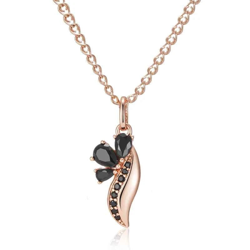 Black Zircon Floral Leaf Pendant Necklace