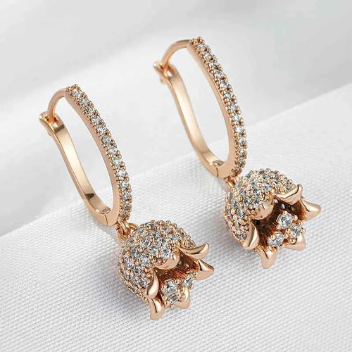 Rose Gold Pavé Flower Drop Hoop Earrings
