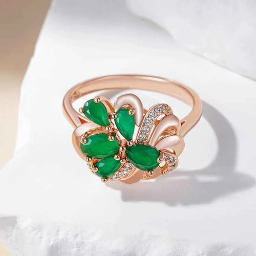 Rose Gold Green Zircon Floral Cocktail Ring