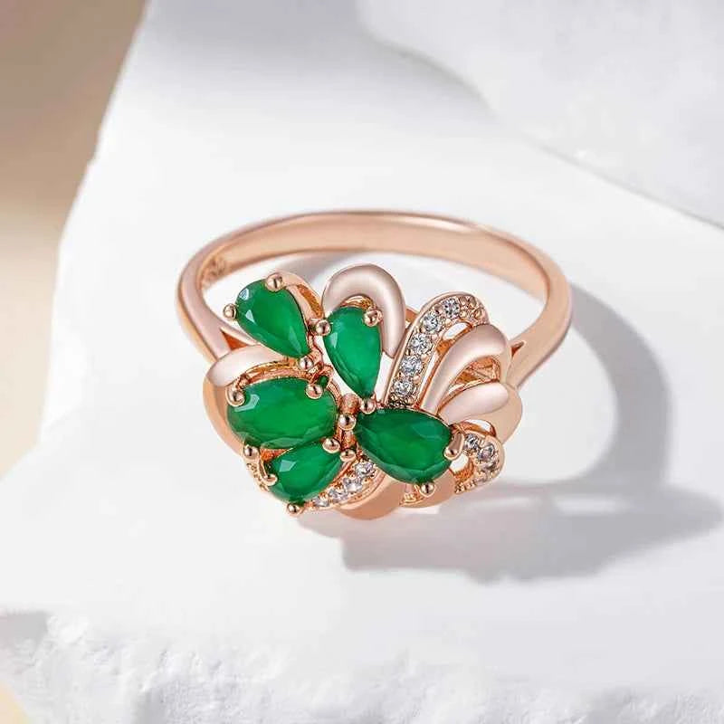 Rose Gold Green Zircon Floral Cocktail Ring