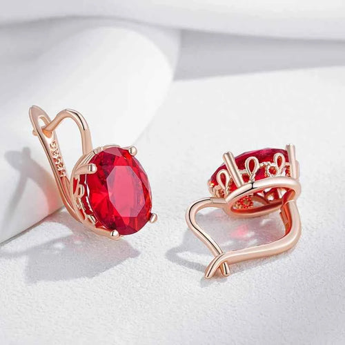 Rose Gold Large Red Oval Zircon Drop Earrings