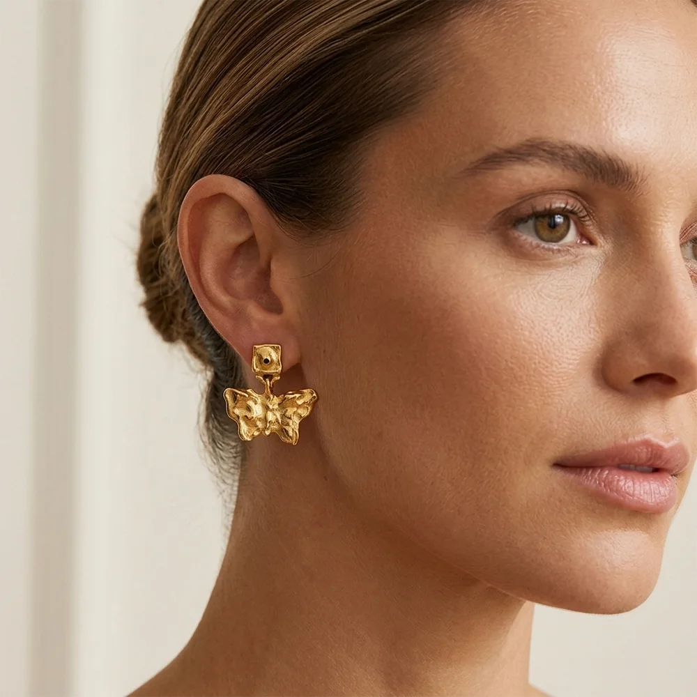 Hammered Butterfly Drop Stud Earrings - SEIYI