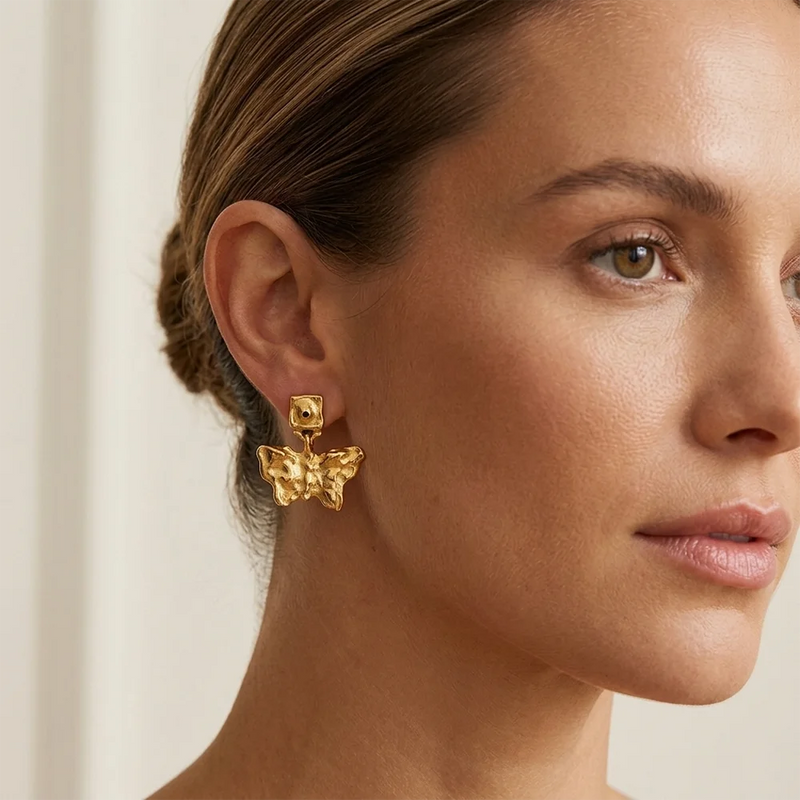 Hammered Butterfly Drop Stud Earrings