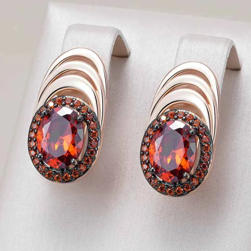 Rose Gold & Black Red Zircon Halo Drop Earrings
