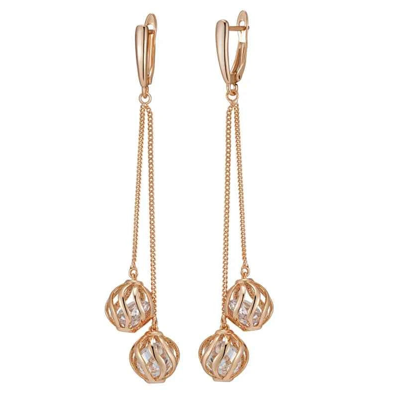 Rose Gold Caged Zircon Tassel Drop Earrings