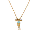 Teal enamel fish pendant necklace on gold cable chain, crystal accent detail, white background
