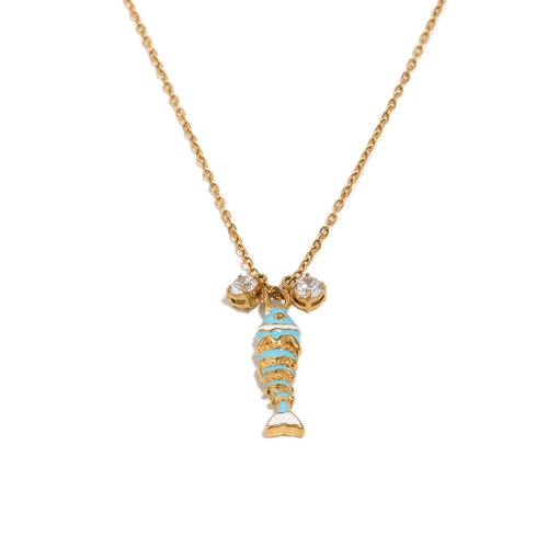 Teal enamel fish pendant necklace on gold cable chain, crystal accent detail, white background
