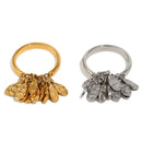 Hammered teardrop fringe statement ring in gold and silver, both colorways side by side, white background

