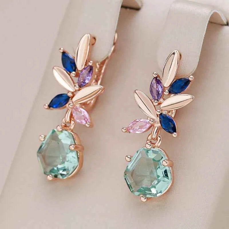 Rose Gold Multicolor Floral Green Stone Drop Earrings