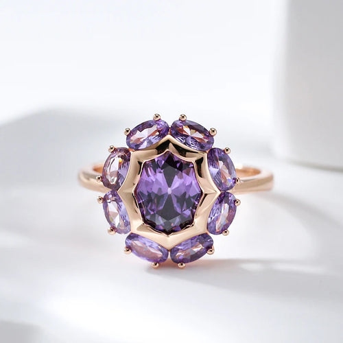 Purple Zircon Sunburst Rose Gold Statement Ring - SEIYI