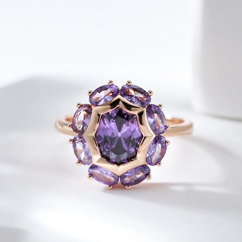 Purple Zircon Sunburst Rose Gold Statement Ring - SEIYI