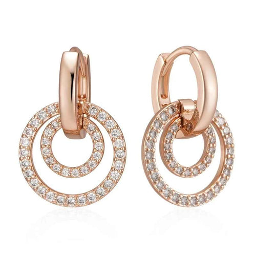 Rose Gold Double Circle Zircon Drop Earrings