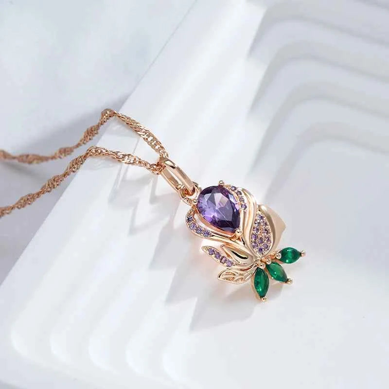 Rose Gold Purple & Green Floral Zircon Pendant Necklace