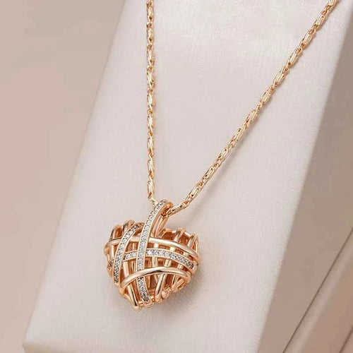 Rose Gold Hollow Woven Heart Zircon Pendant Necklace