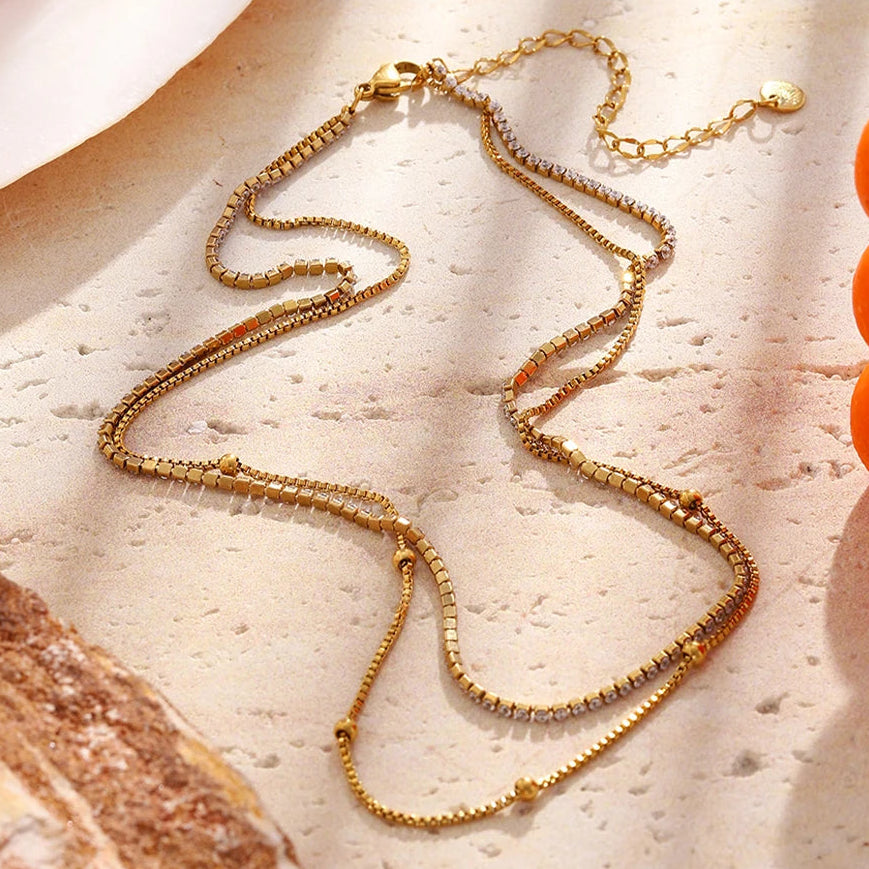 Dual Strand Rhinestone Layered Necklace - SEIYI
