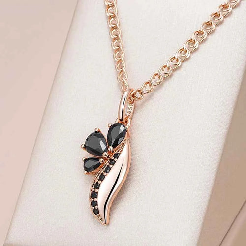 Black Zircon Floral Leaf Pendant Necklace