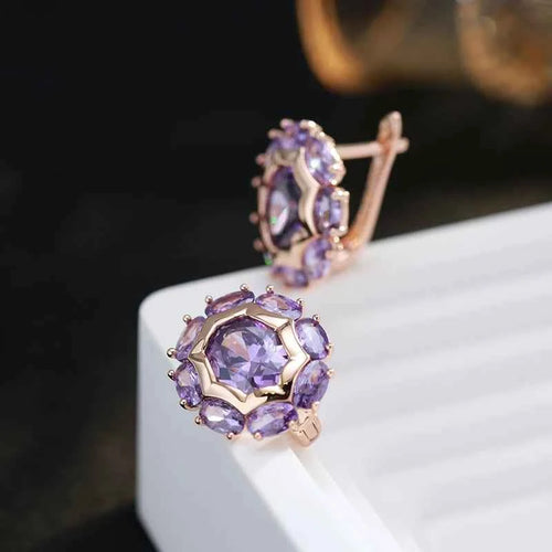 Rose Gold Purple Zircon Halo Stud Earrings