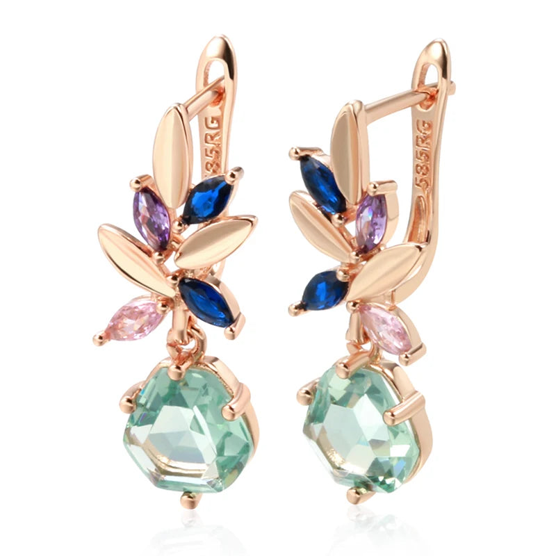 Rose Gold Multicolor Floral Green Stone Drop Earrings