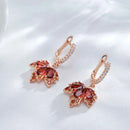 Rose Gold Red Zircon Maple Leaf Drop Earrings
