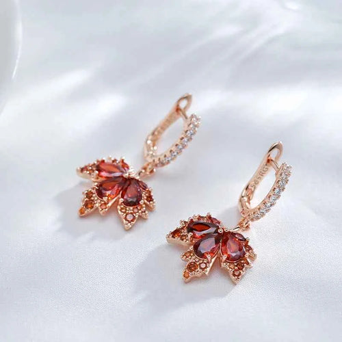 Rose Gold Red Zircon Maple Leaf Drop Earrings